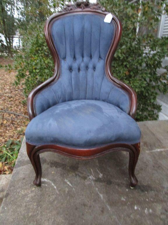 Ladies Victorian Era Parlor Chair -Mahogany w/ Blue Upholstered Tufted Rose Carved Back