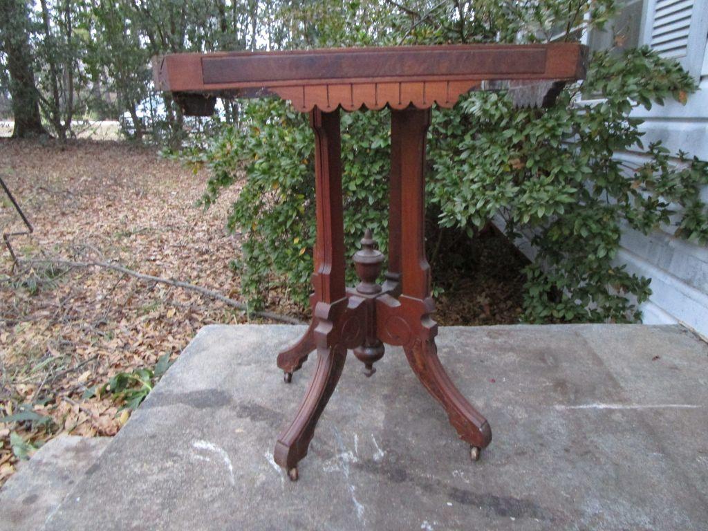 Walnut Eastlake Entry Table, Marble Top on Casters