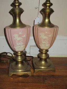 Pair - Brass Lamps w/ Pink Semi Porcelain Cameo Fonts