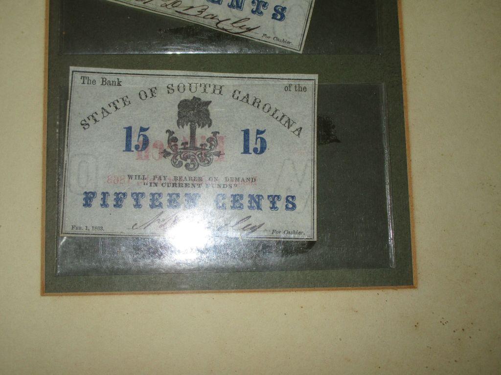 6 Framed 1863 Paper Cents "The Bank of The State of SC"