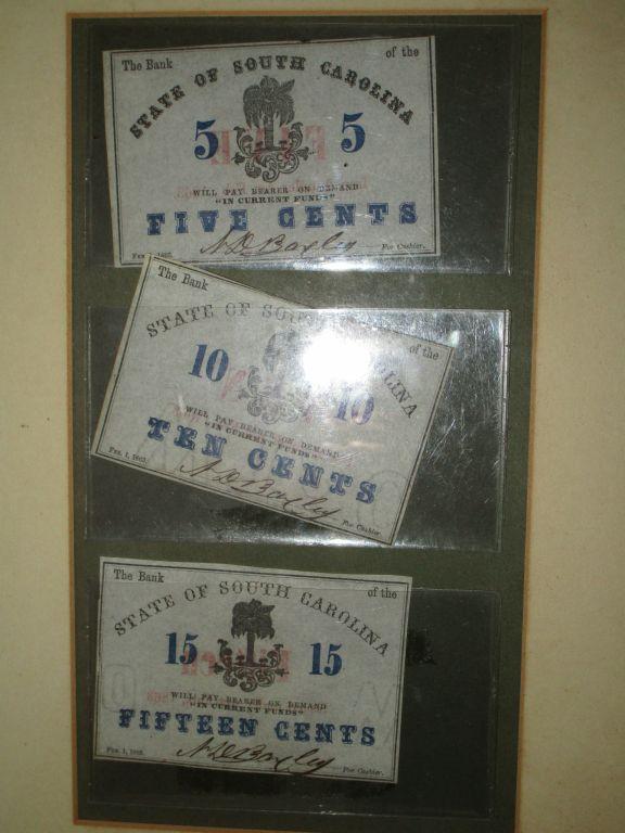 6 Framed 1863 Paper Cents "The Bank of The State of SC"