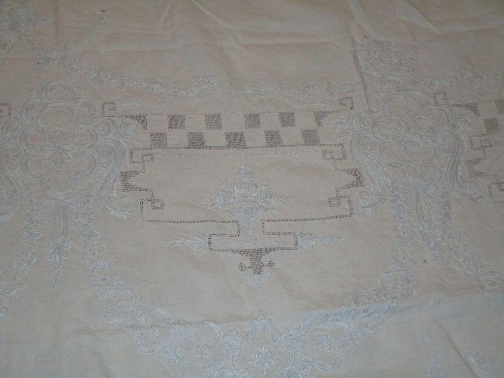 Exquisite Vintage Pulled Thread Embroidered Table Cloth