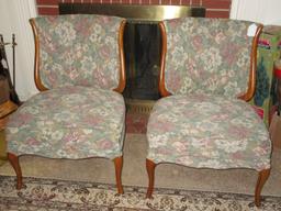 Pair - Floral Upholstered Parlor Chairs w/ Light Pine Trim