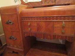 Beautiful Depression Era Waterfall Bedroom Suite - Mixed Woods w/ Inlay & Carving