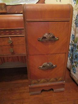 Beautiful Depression Era Waterfall Bedroom Suite - Mixed Woods w/ Inlay & Carving