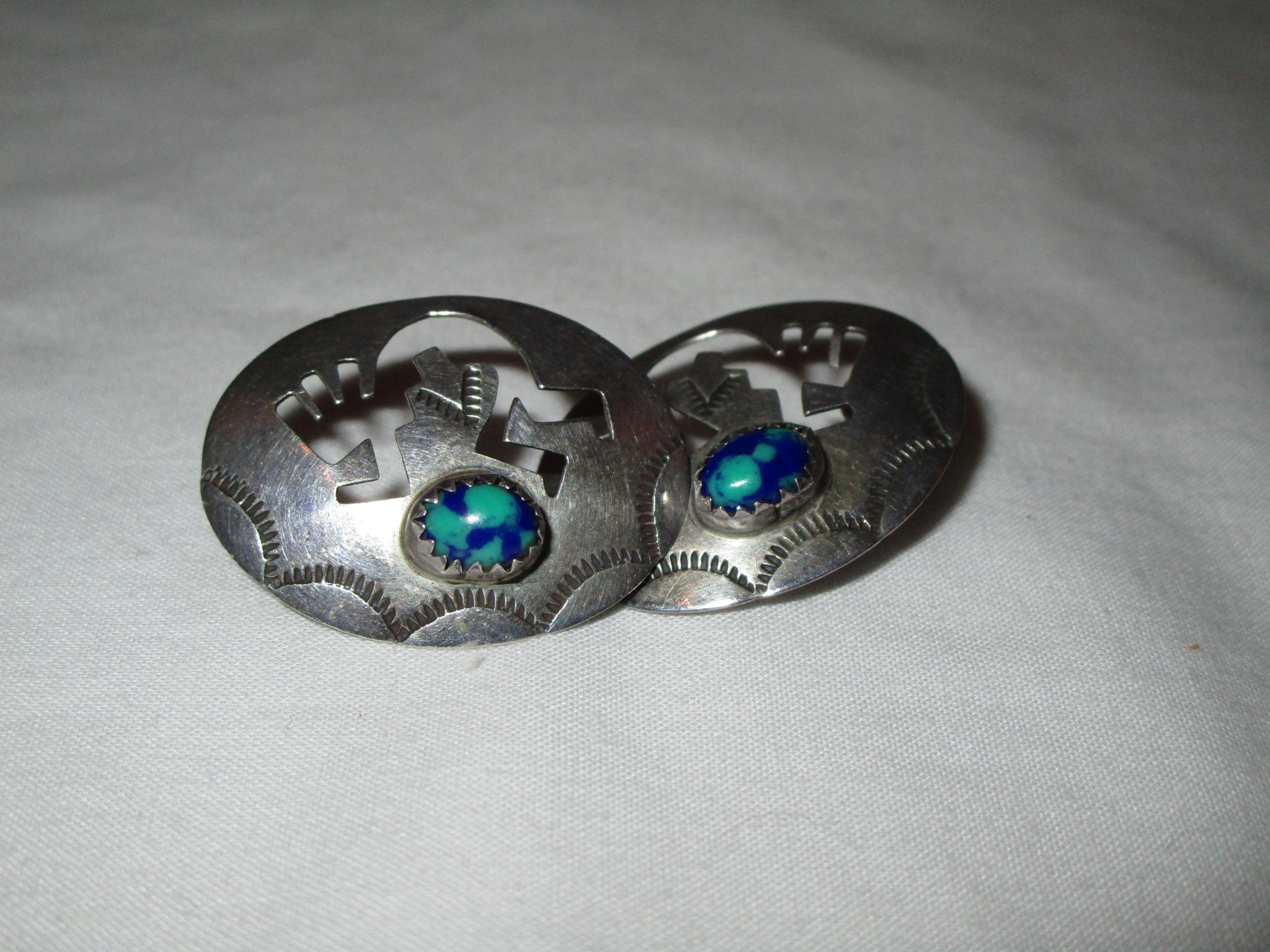 Pr. - Kokopelli Design Earrings w/ Turquoise Accents