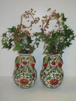 Pair Andrea Ceramic Vases w/Floral Design   8 1/2" Tall