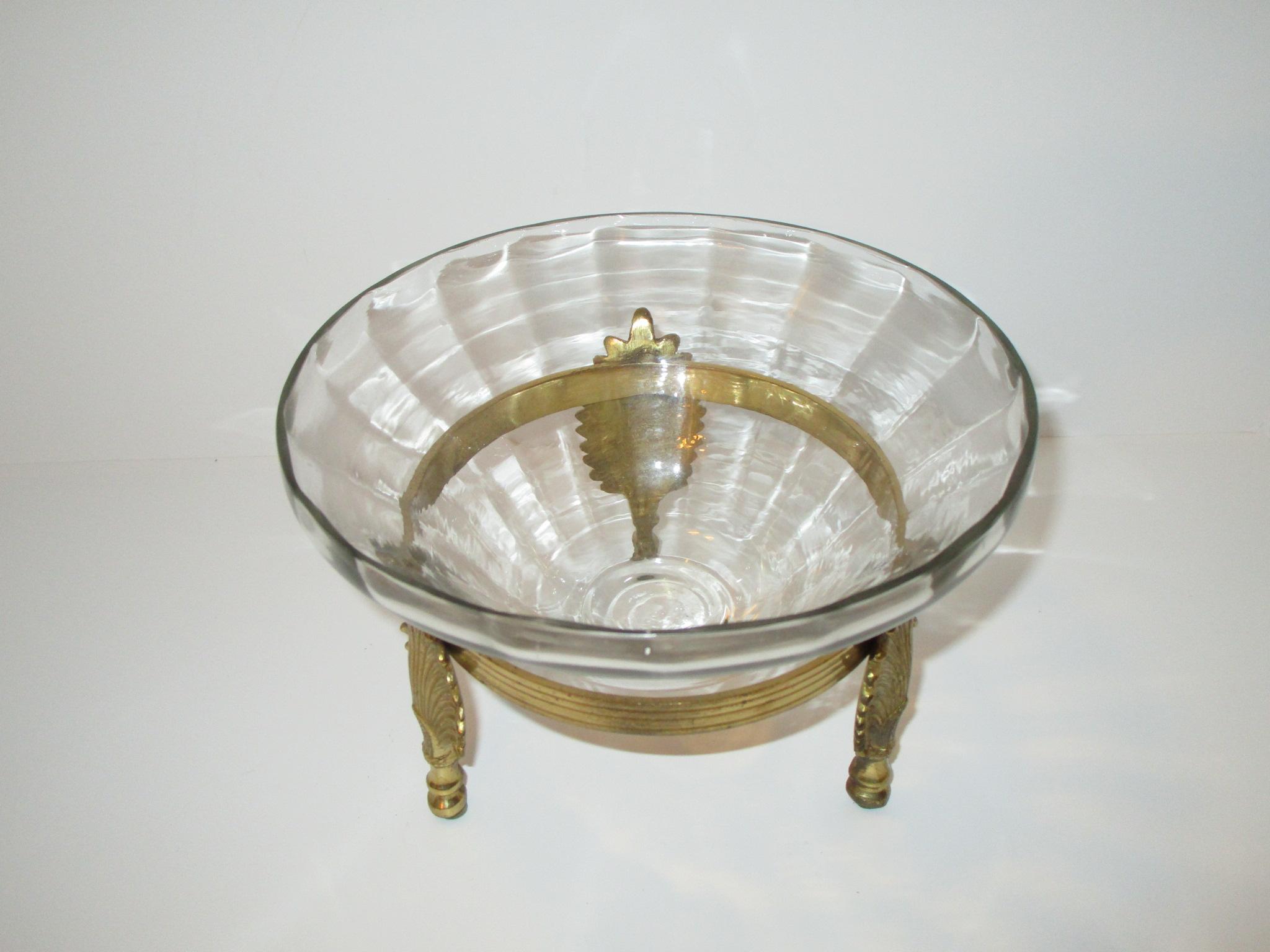 Glass Compote in Brass Fan Footed Holder    Approx. 8 1/2" Dia. x 6" Tall