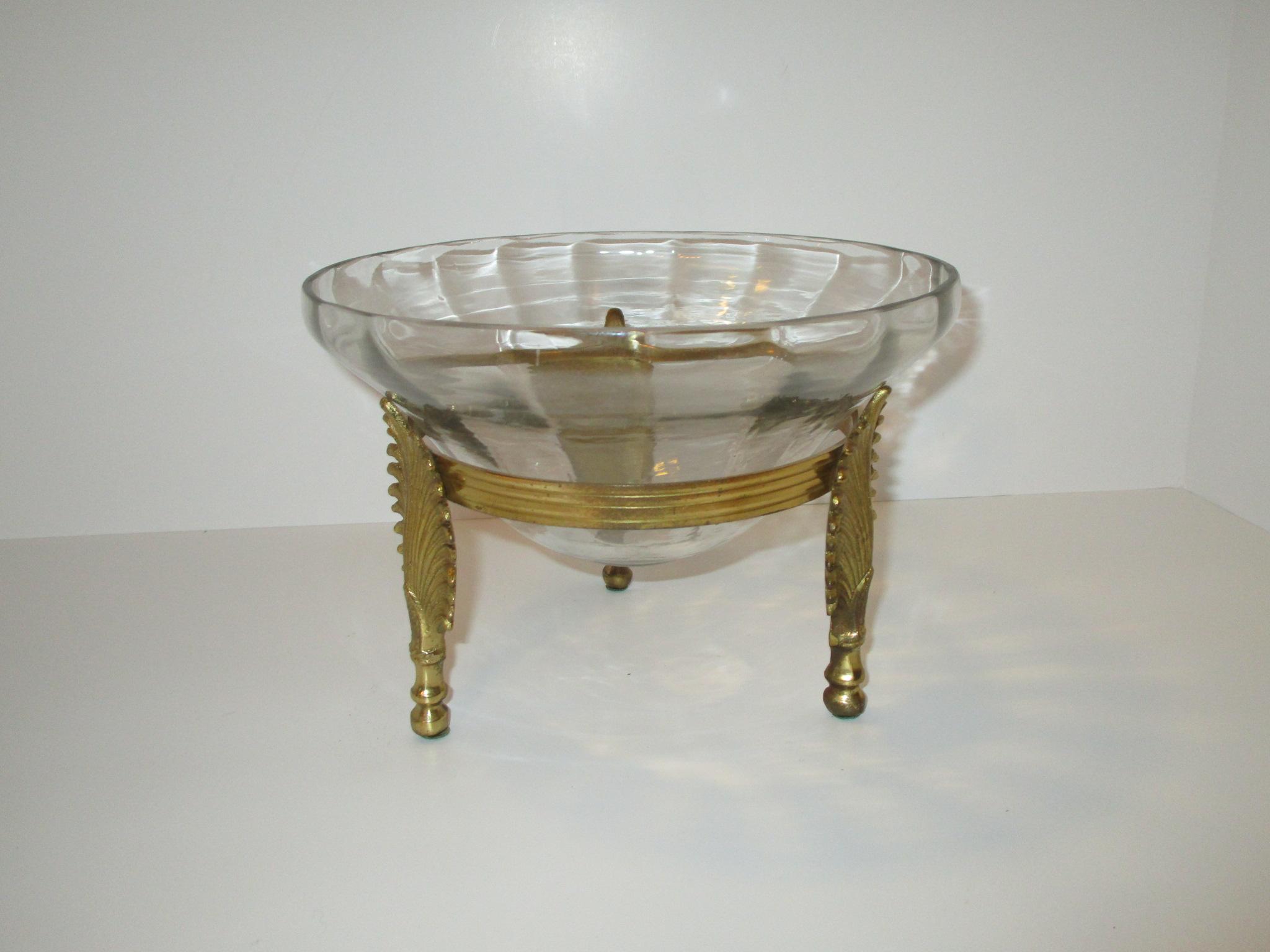 Glass Compote in Brass Fan Footed Holder    Approx. 8 1/2" Dia. x 6" Tall