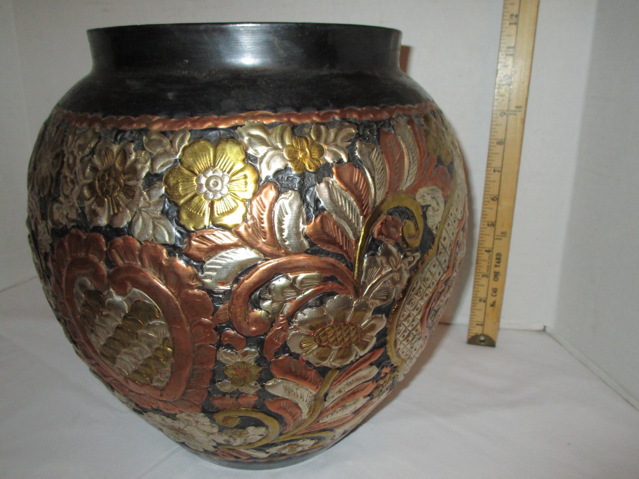 Metal Bulbous Vase w/ Copper & Brass Infused Design - 12" Tall