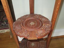 Heavily Carved 3 Tiered Stand w/ Preban Ivory Inlay