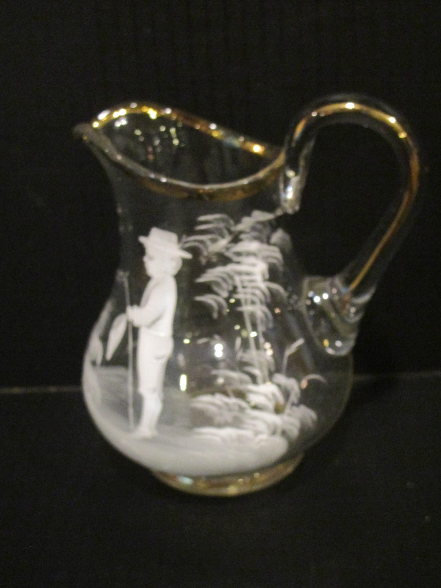 Mary Gregory Glass Creamer - Atlantic City 1894 Souvenir - Clear Glass w/ Gilt Accent