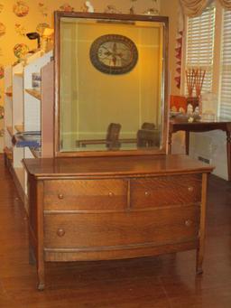 Beautiful Tiger Oak Low Dresser w/ Attached Beveled Mirror - 2 Over 1 Dovetailed Drawers