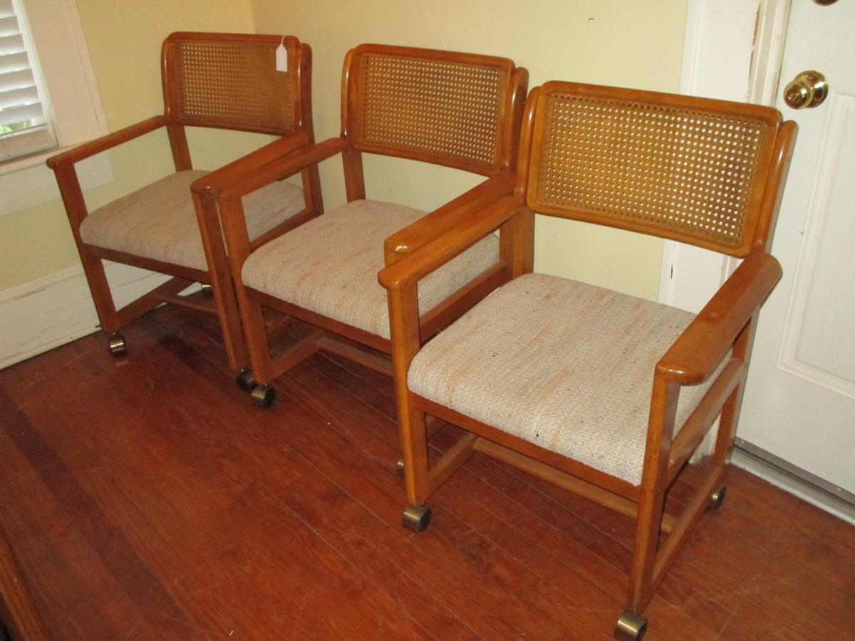 3 Wondercrafters Inc. Mid Century Oak Dining Chairs w/ Cane Backs, Upholstered Seats