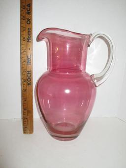 Blown Cranberry Colored Glass Water Pitcher w/ Applied Handle (10 7/8") & 4 Multi Colored