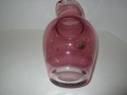 Blown Cranberry Colored Glass Water Pitcher w/ Applied Handle (10 7/8") & 4 Multi Colored