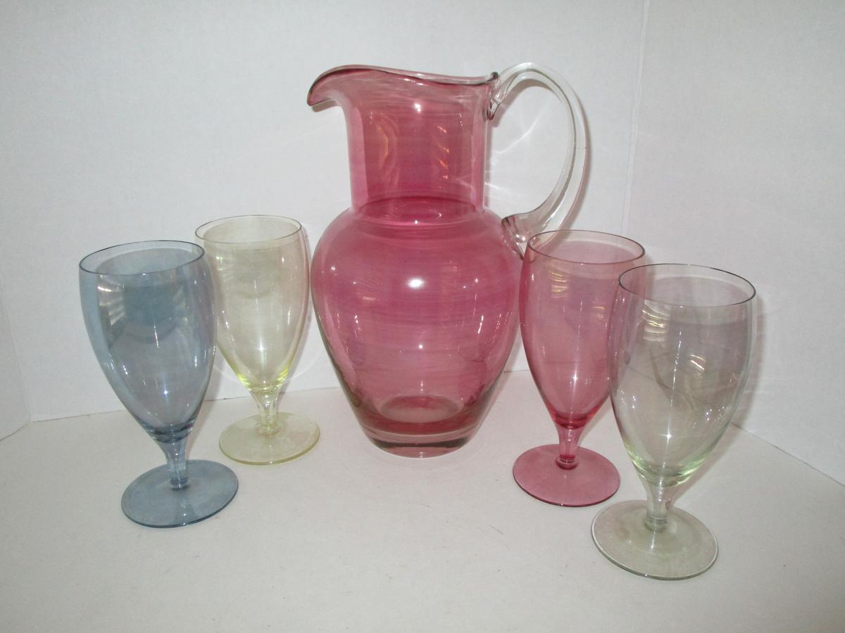 Blown Cranberry Colored Glass Water Pitcher w/ Applied Handle (10 7/8") & 4 Multi Colored