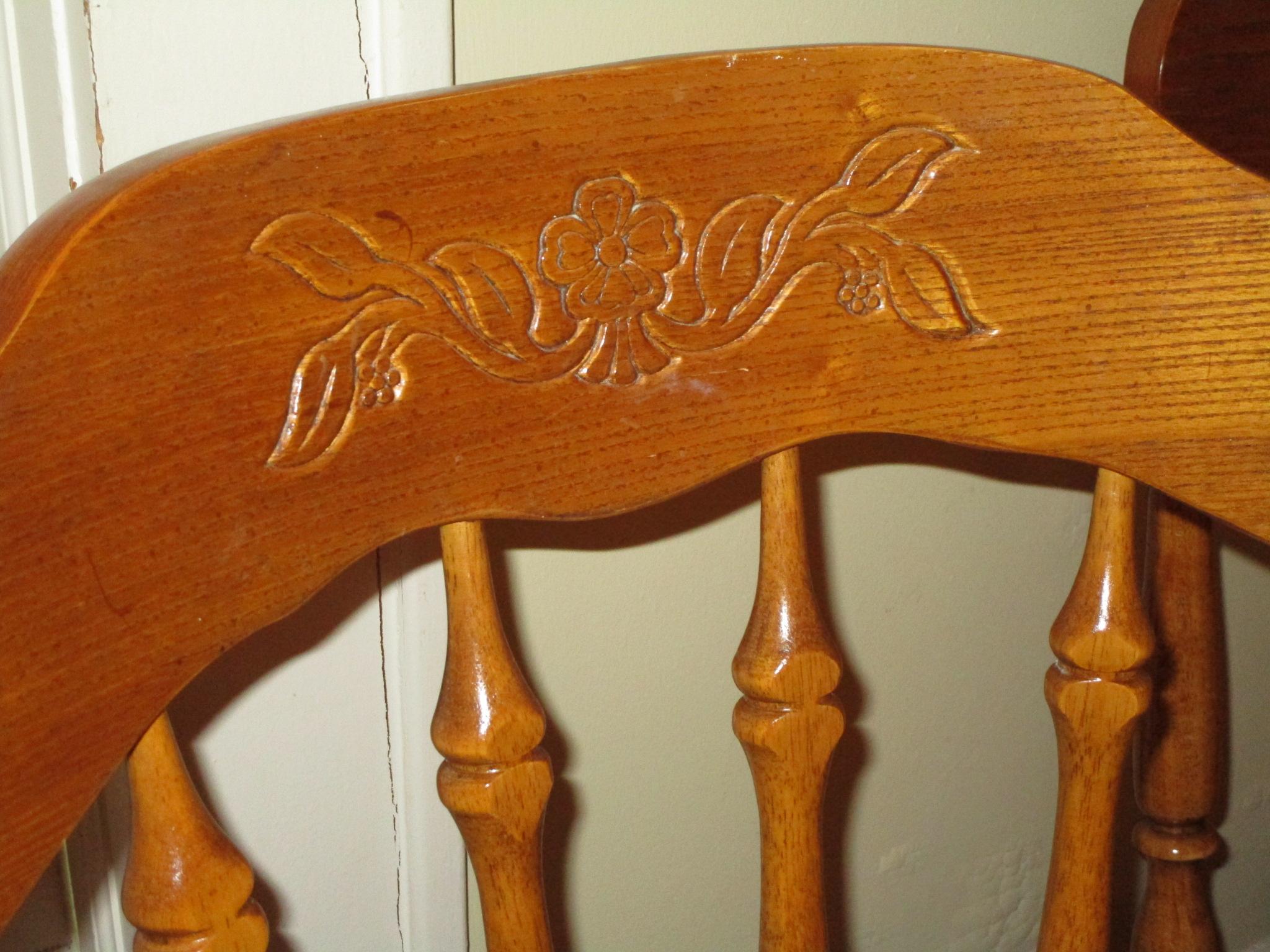 4 Oak Spindle Back Dining Chairs w/ Pressed Floral Leaf Design