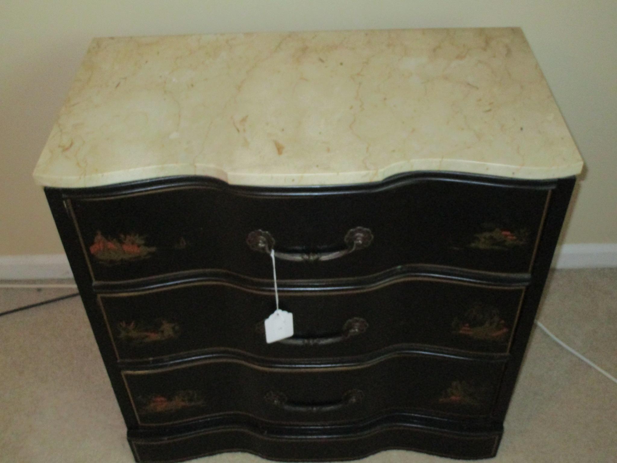 Lacquered Chest w/ Marble Top - Hand Painted Oriental Design w/ Brass Hardware