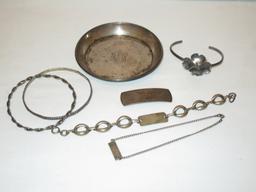 Lot - Misc Sterling & Other, Pin Tray, ID Bracelet,, Barrette & NYE Sterling Bracelet