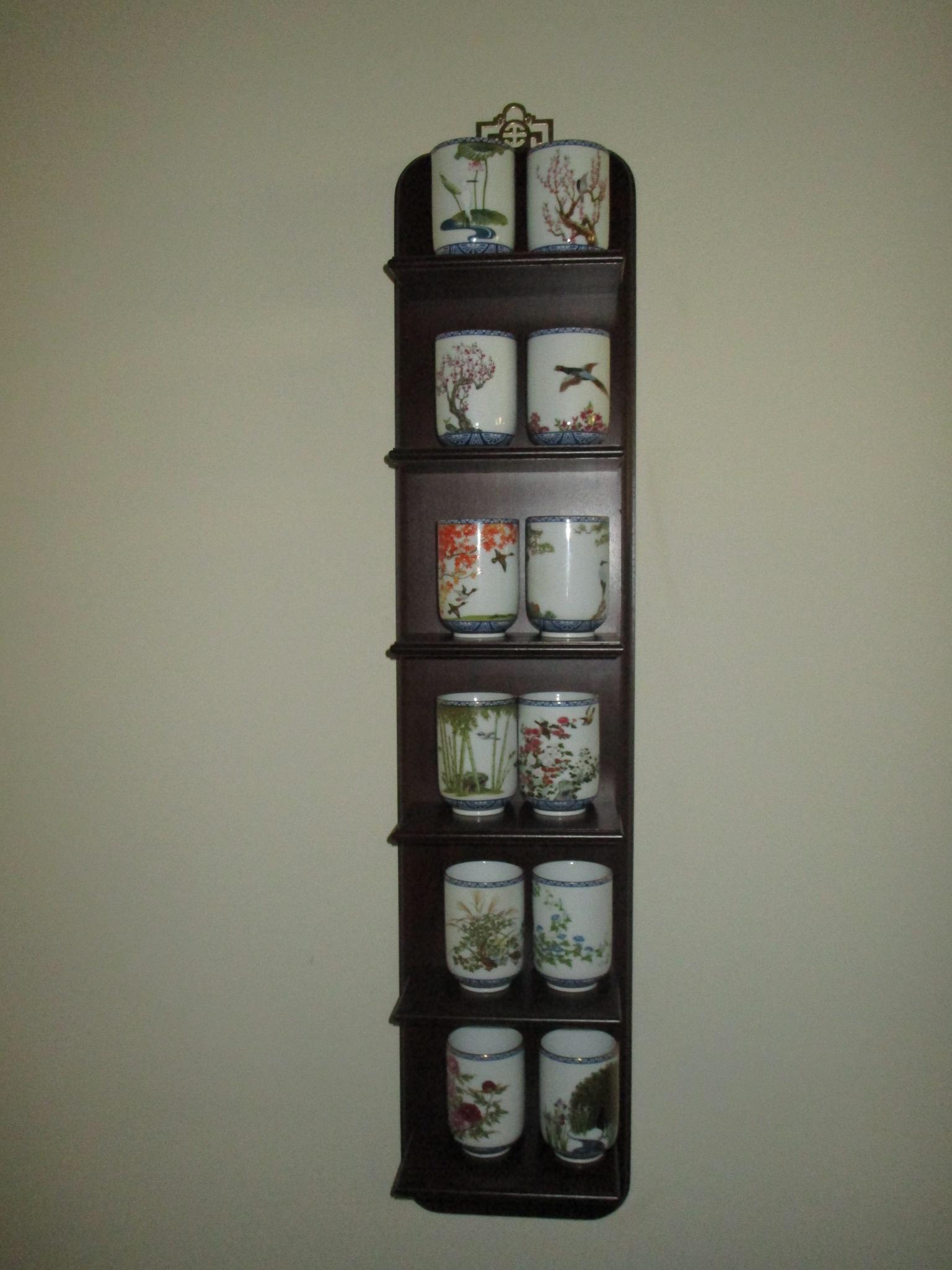 12 Japanese Cups with Hand Painted Birds on Mahogany Wall Shelf