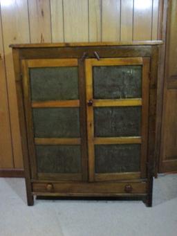 Primitive Punched Tin Pie Safe - Double Door with 1 long Bottom Drawer