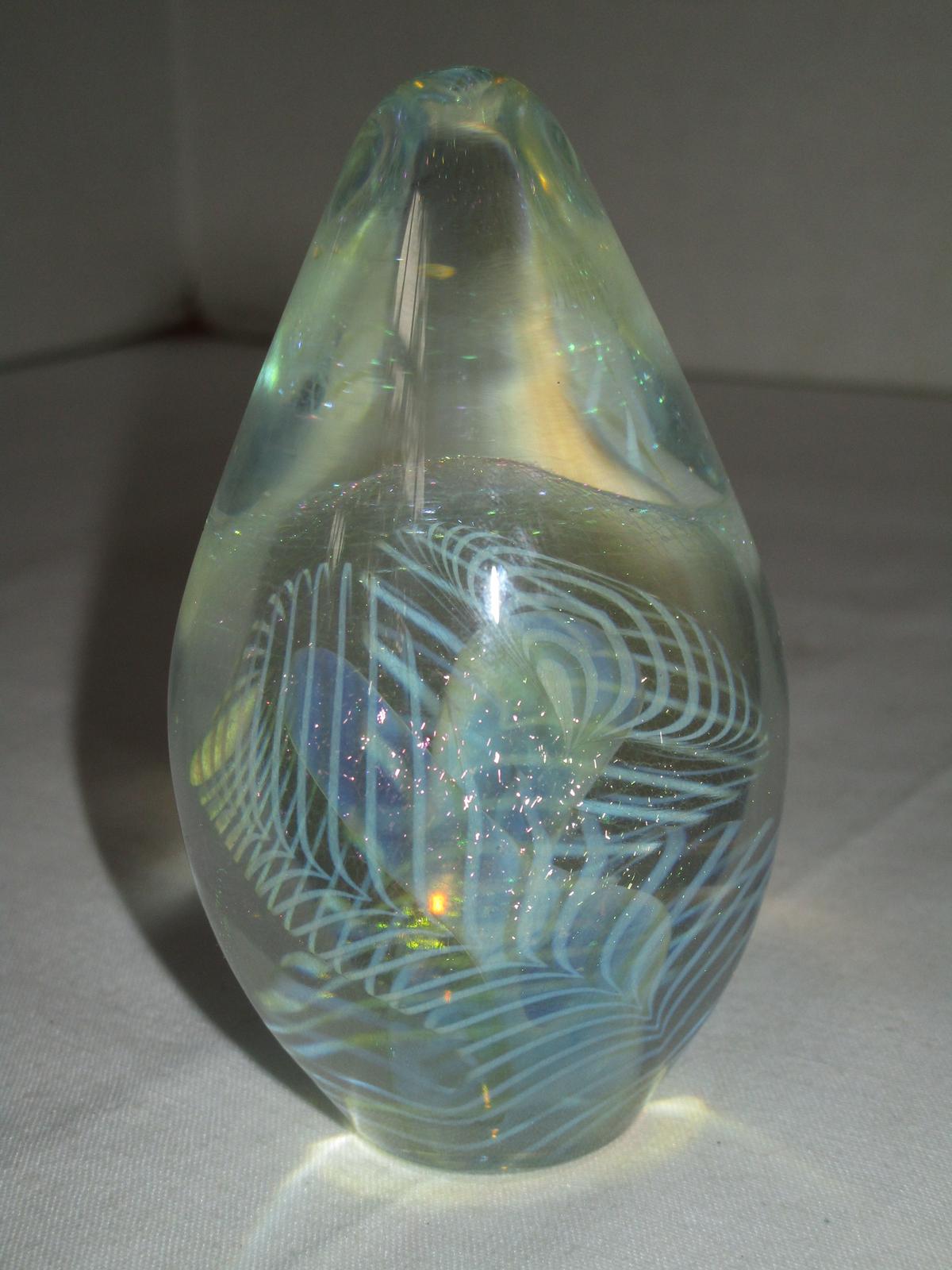 Eickholt Signed Art Glass Paperweight - Clear w/ Irridescent Swirl Pattern 2001 Marked ESCH