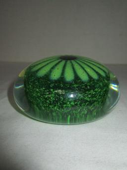 Art Glass Paperweight w/ Green Flower Center