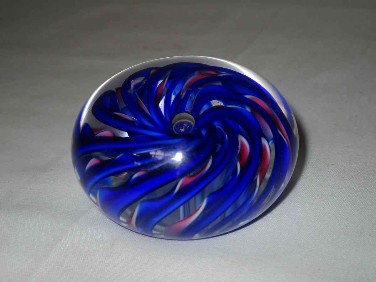 Artist Signed Art Glass Paperweight - Red, White & Blue Swirl Pattern