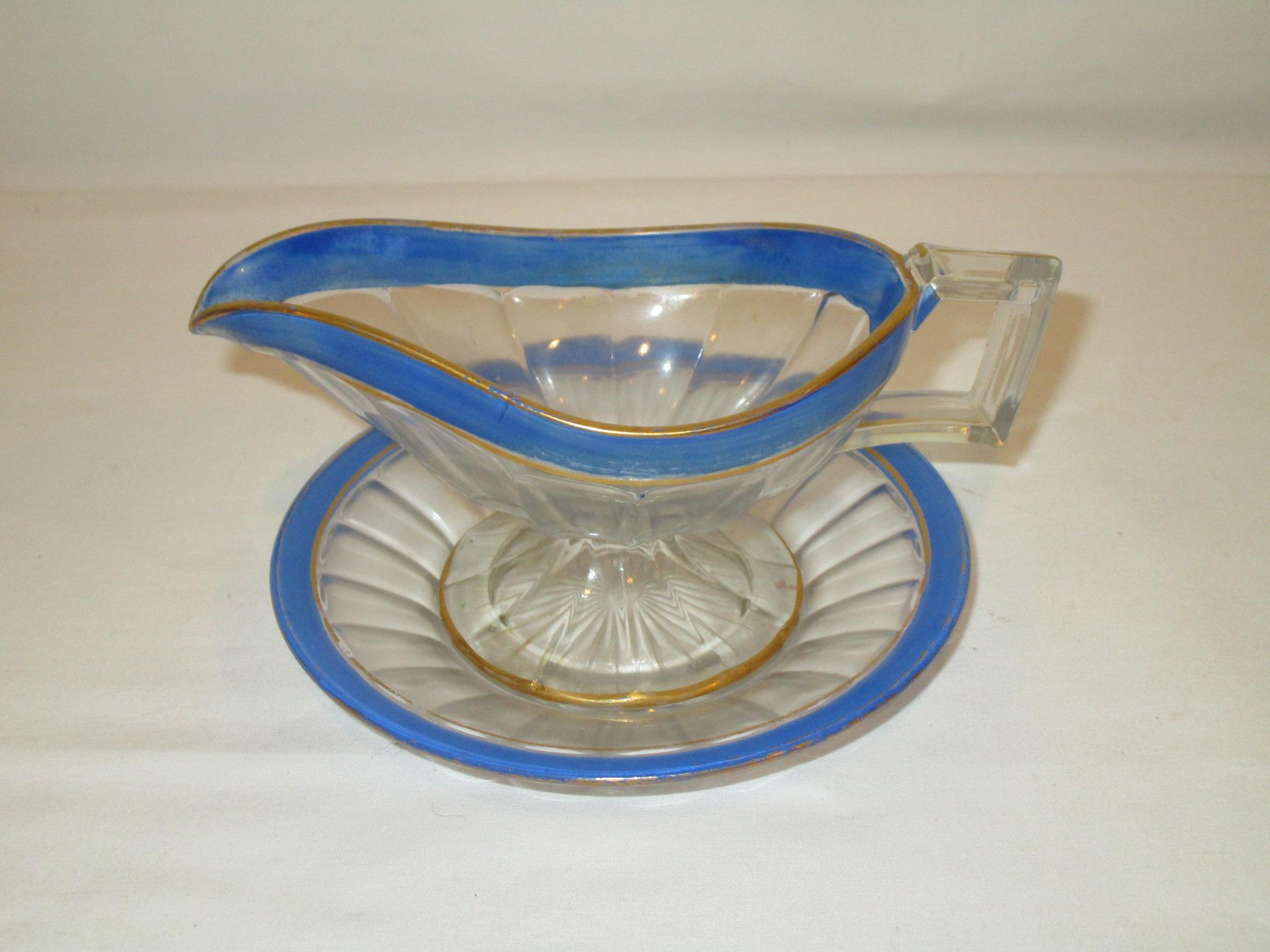 Glass Condiment Pitcher with Underplate - Trimmed in Blue  5 1/2"