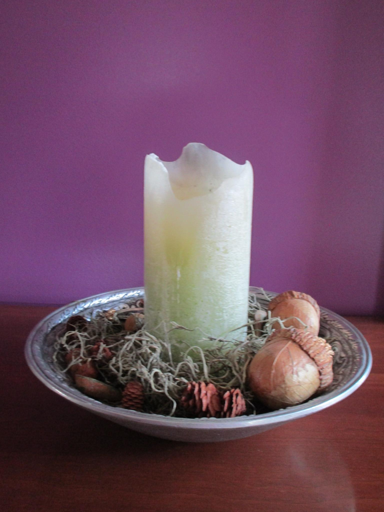 Heavy Chrome Decorative Bowl w/Candle, Moss & Fruit   12" Dia.