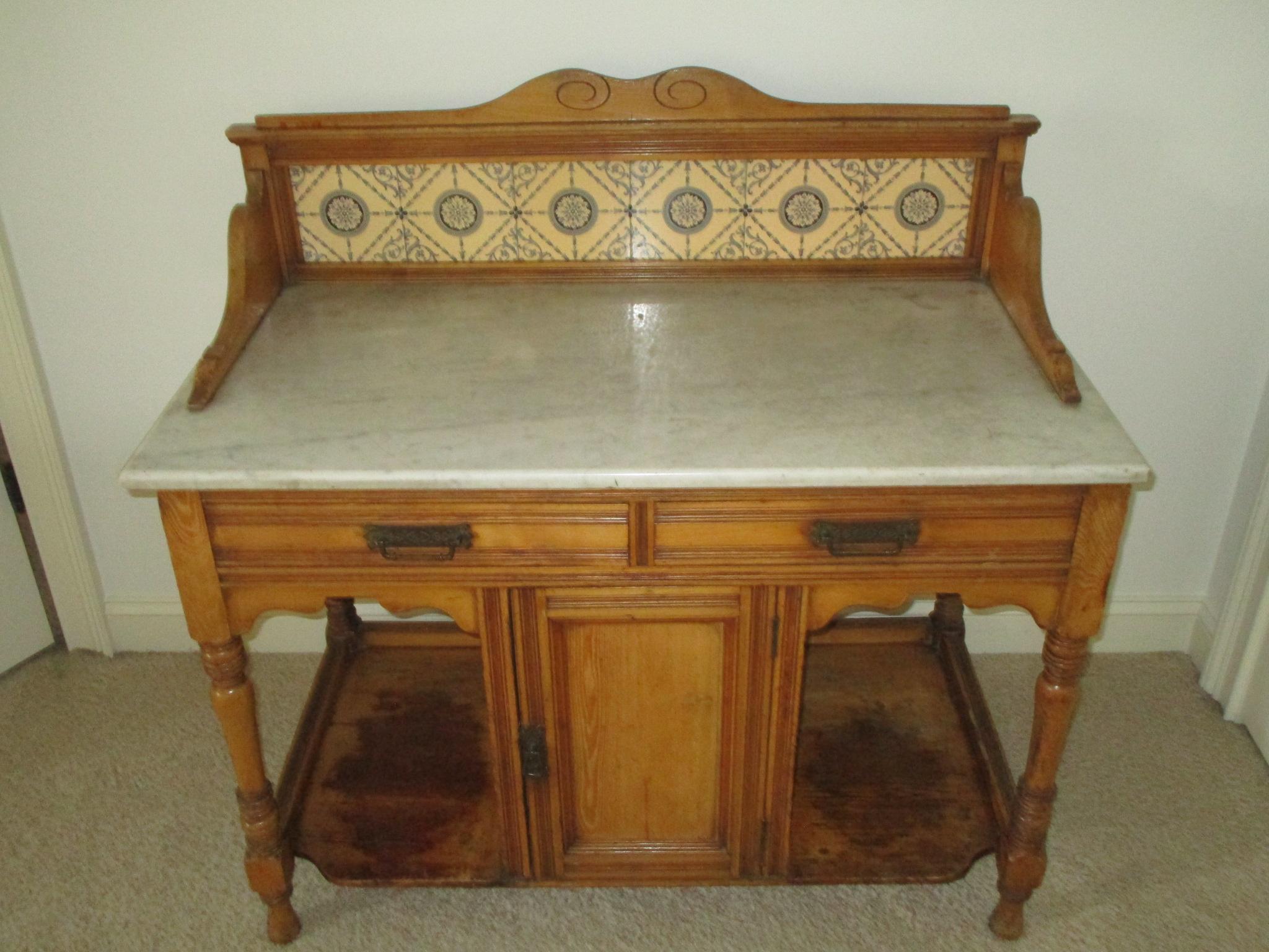 English Pine Wash Stand w/Marble Top & Ceramic Tile Back Splash.