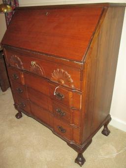 Mahogany Drop Front Desk w/Bracket Front   Shell Motif & Paw Feet.  Traditional Brass