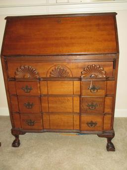 Mahogany Drop Front Desk w/Bracket Front   Shell Motif & Paw Feet.  Traditional Brass