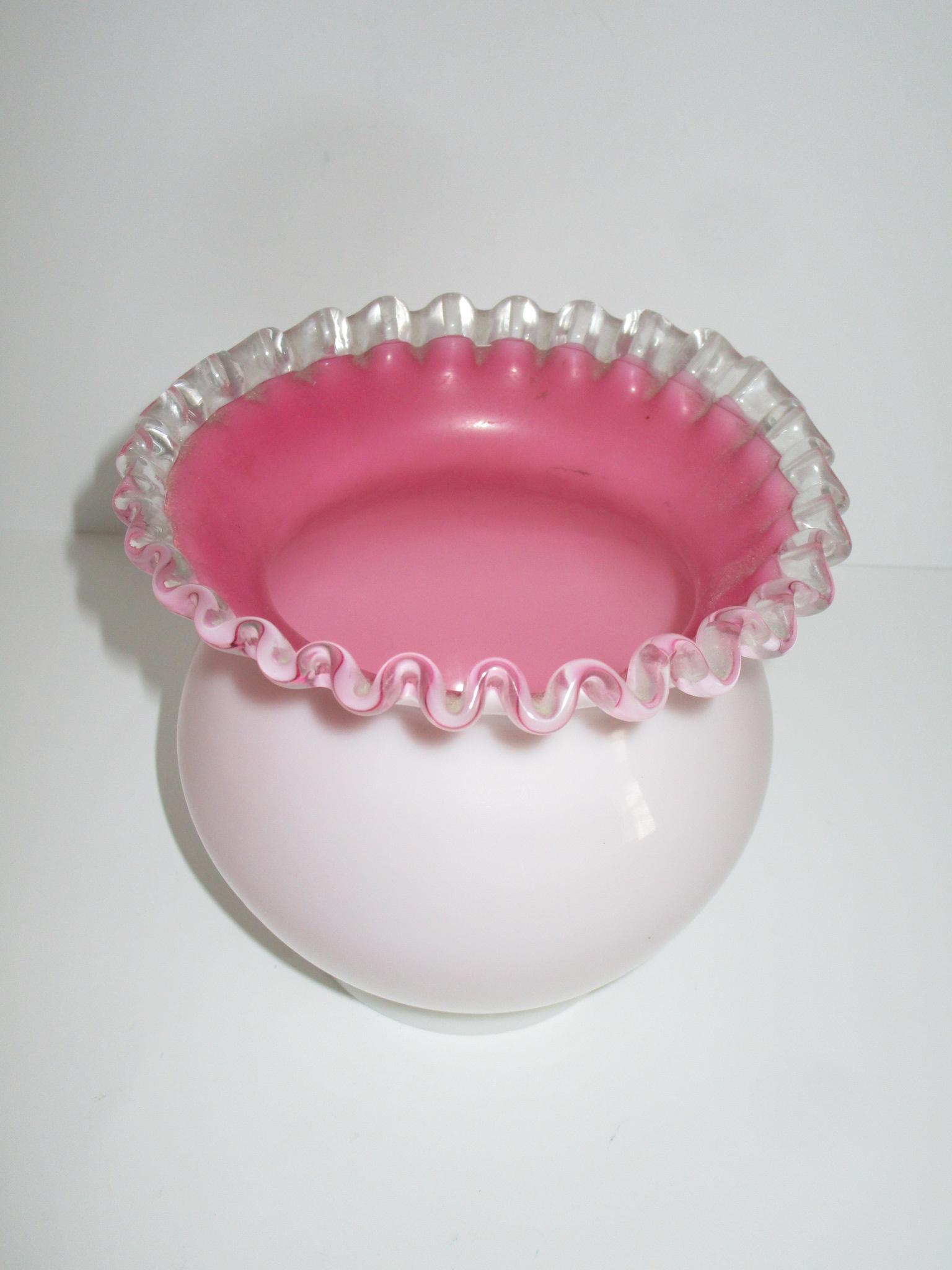 Fenton Pink Cased Glass Vase w/Ruffled Edge    5 1/2"