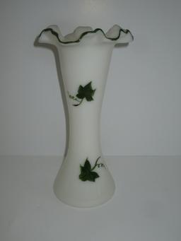 Bristol Glass Vase w/Hand Painted Ivy Design & Ruffled Edge   10"