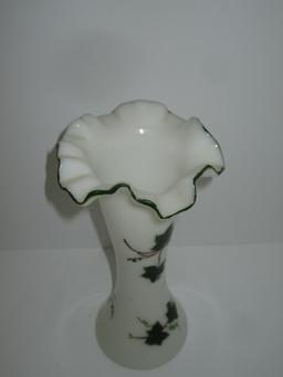 Bristol Glass Vase w/Hand Painted Ivy Design & Ruffled Edge   10"