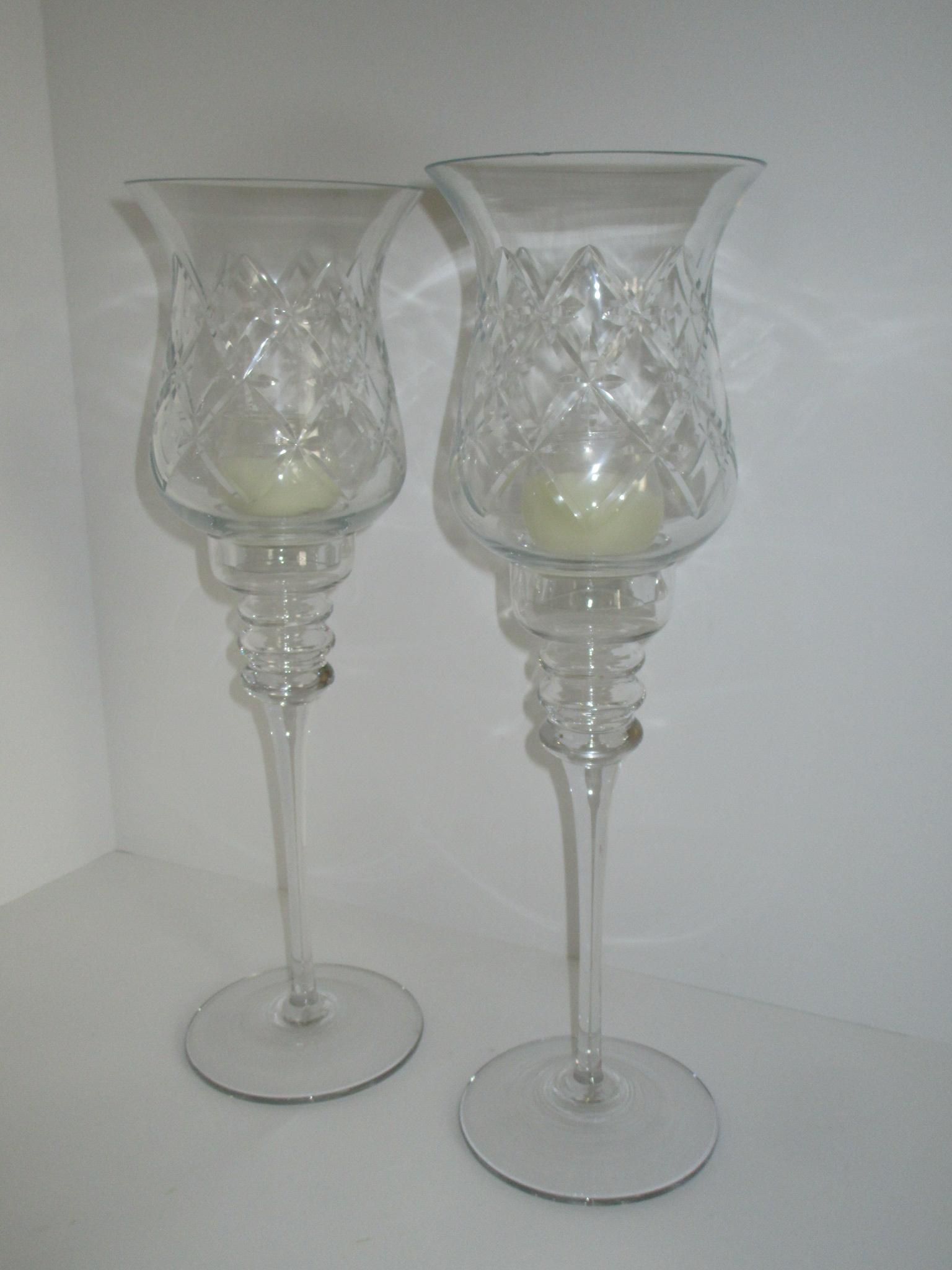 Pair Tall Pressed Glass Candlesticks w/Pressed Globes   16 1/2" T