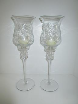 Pair Tall Pressed Glass Candlesticks w/Pressed Globes   16 1/2" T