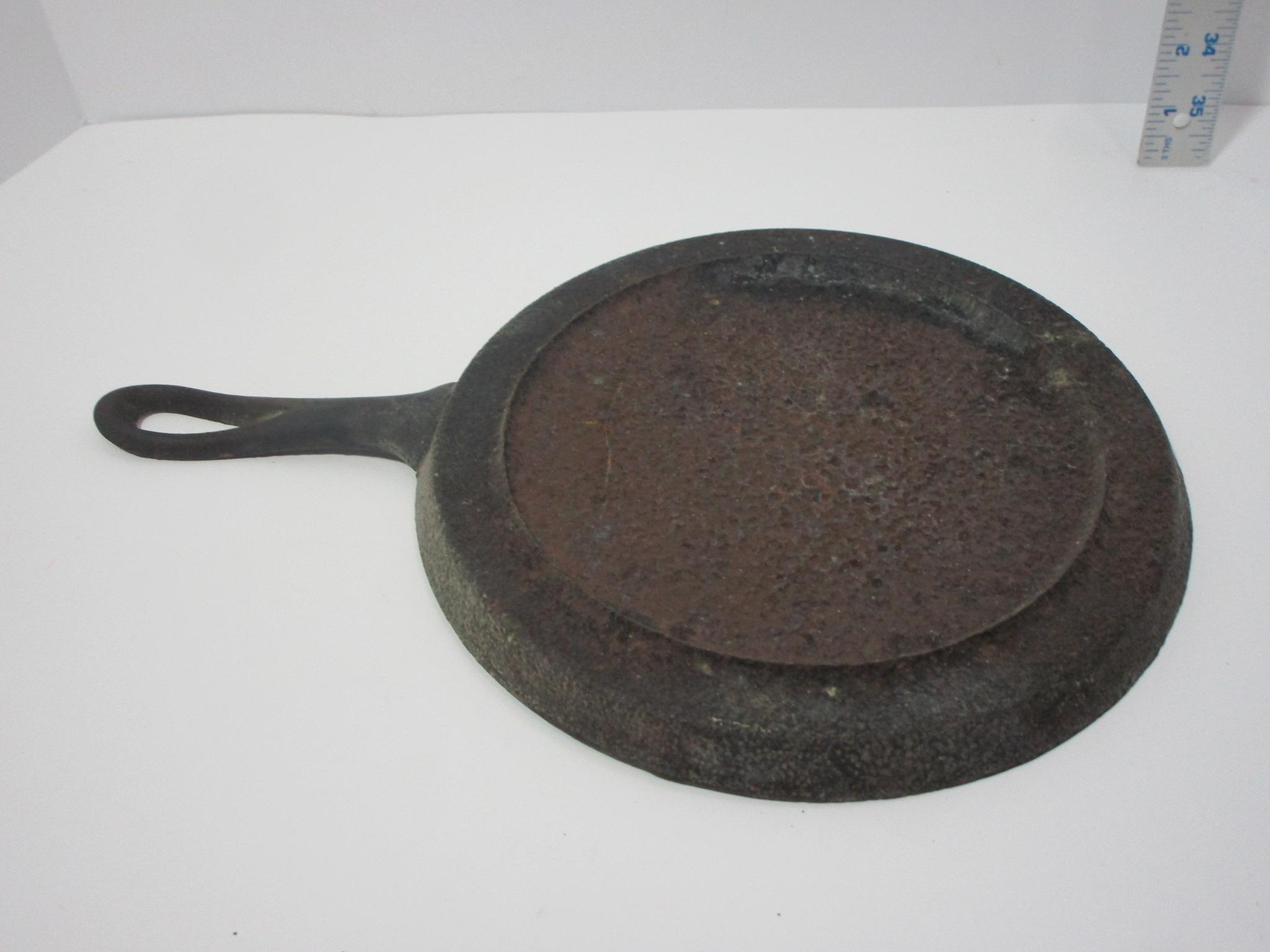 Early  Cast Iron Griddle, Iron Scissors, Metal Sifter & Spoon.