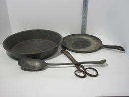 Early  Cast Iron Griddle, Iron Scissors, Metal Sifter & Spoon.