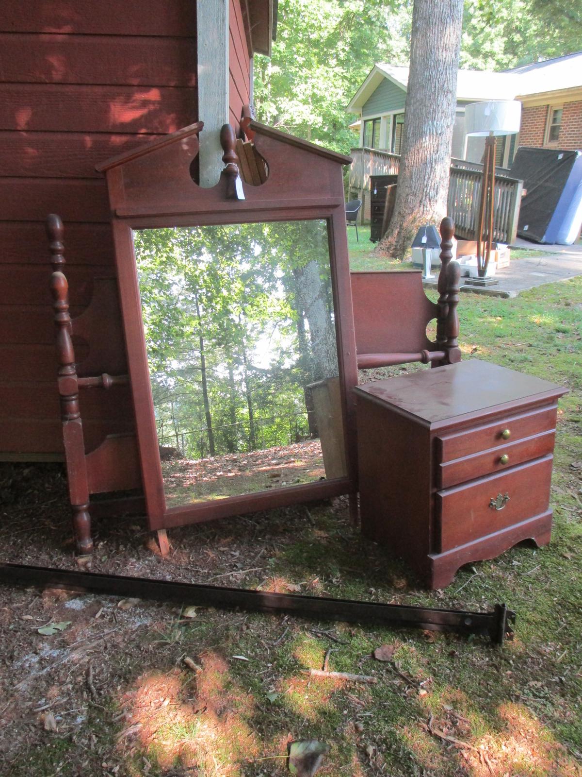 Mahogany Headboard & Footboard. Mirror & 2 Drawer Nightstand.  Wear on Finish,