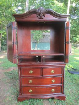 Mahogany Finish Media Cabinet w/Arched Pediment - 2 Pcs.  Missing Veneer, Scratches,