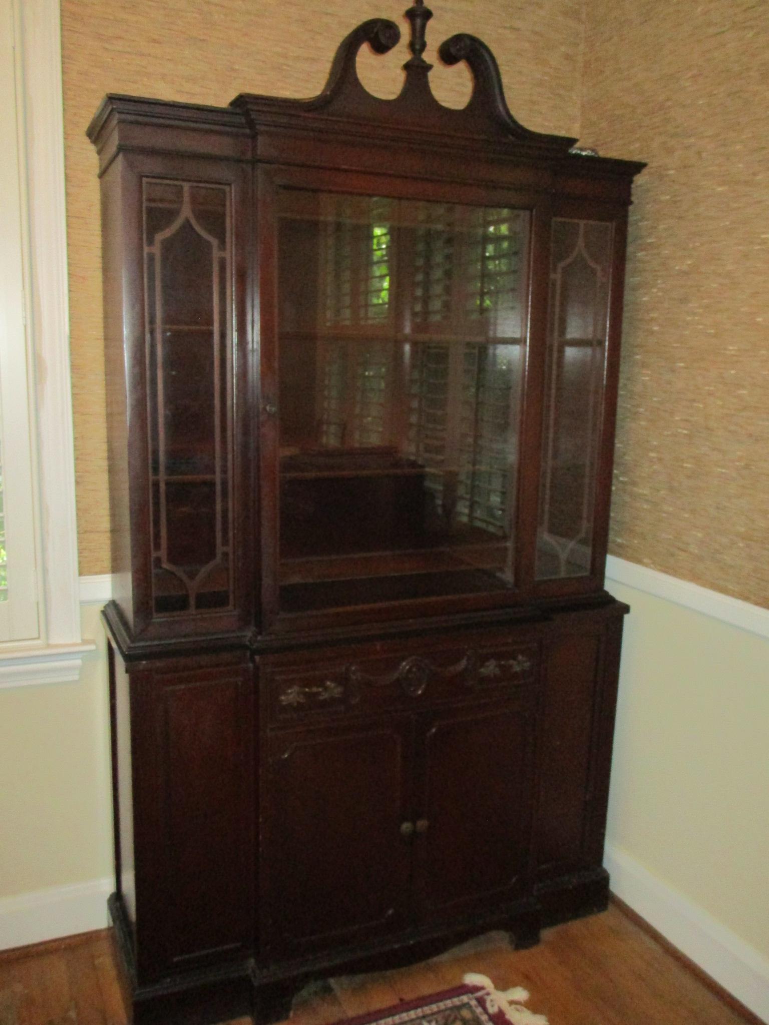 Beautiful Mahogany Breakfront China Cabinet with Arched Pediment