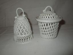 Lot - Porcelain Bell & Covered Jar w/Pierced Design -  Bell 4" & Jar 5"