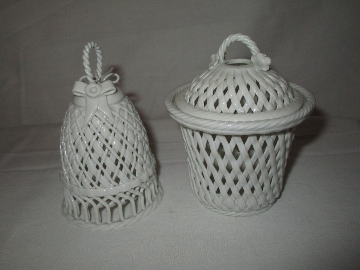 Lot - Porcelain Bell & Covered Jar w/Pierced Design -  Bell 4" & Jar 5"