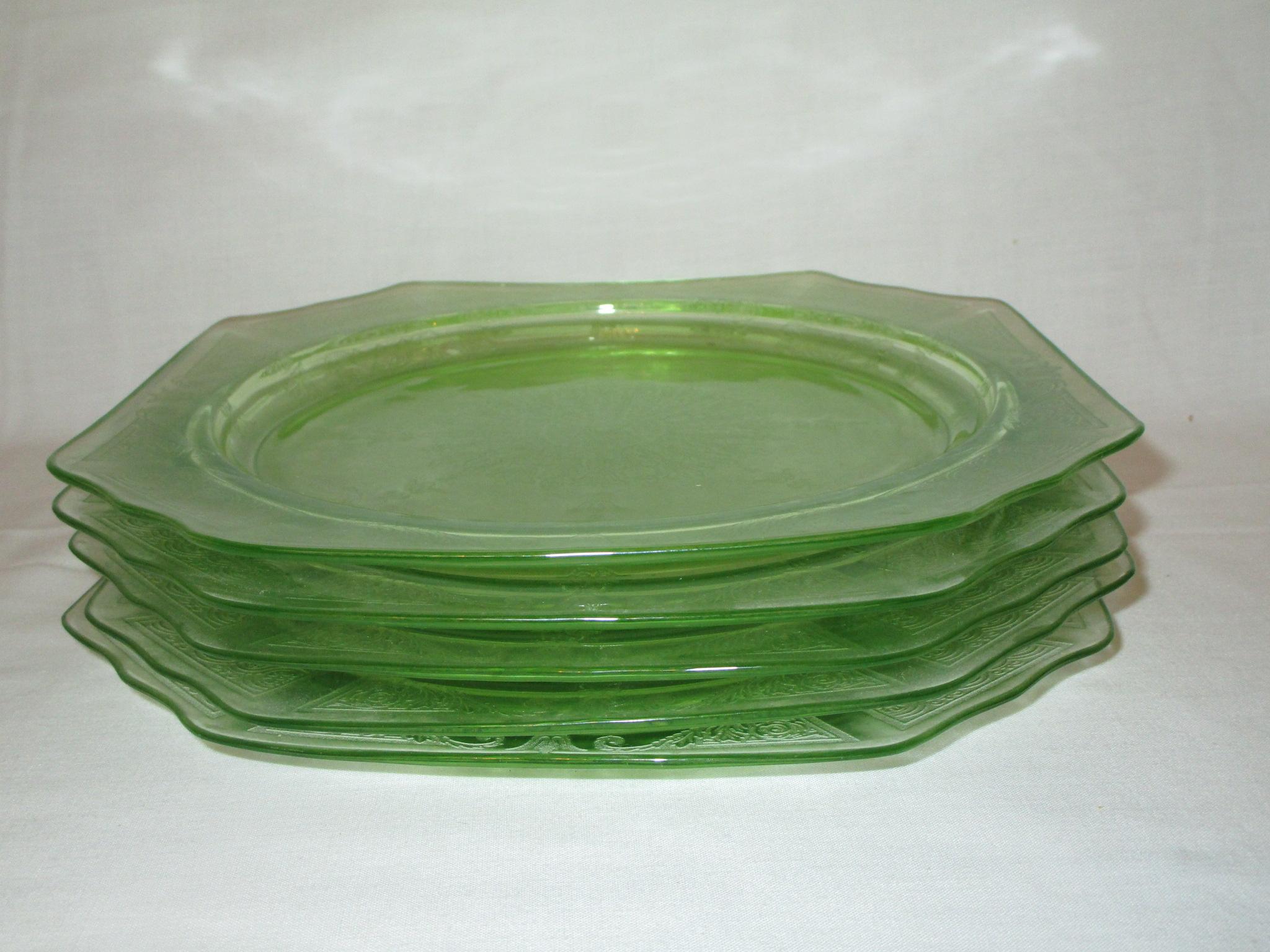 Lot - 5 Green Depression Glass  9 1/2" Plates
