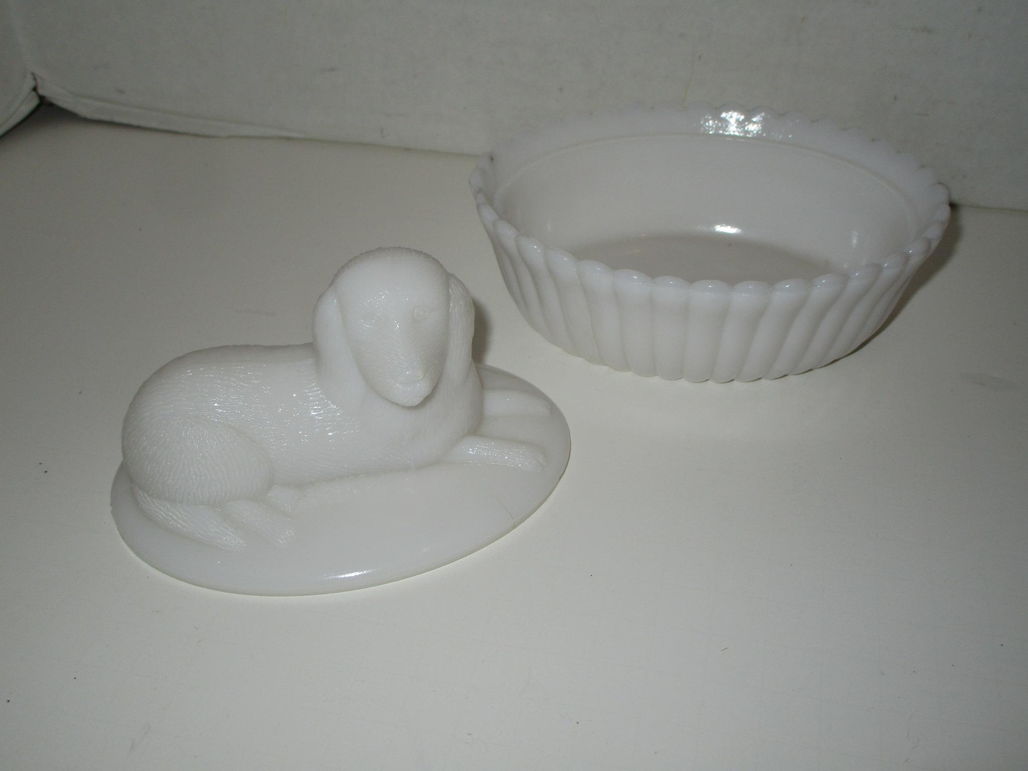 Milk Glass Covered Candy Dish w/ Figural Dog on Lid - 5 1/4" Repaired