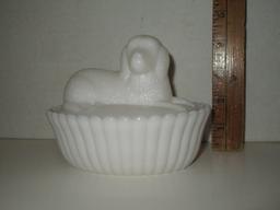 Milk Glass Covered Candy Dish w/ Figural Dog on Lid - 5 1/4" Repaired