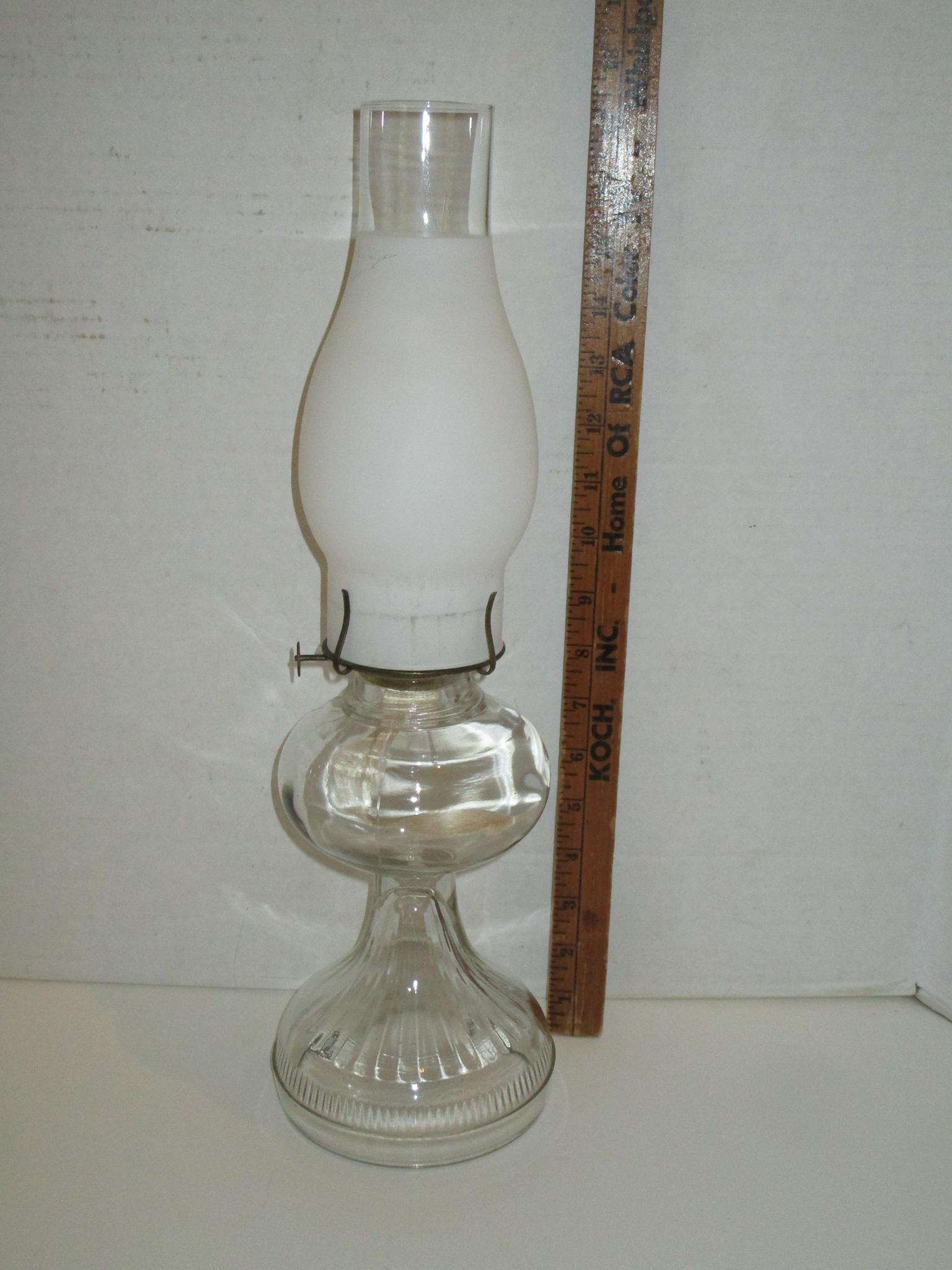 Pressed Glass Oil Lamp w/ Glass Chimney - 17"